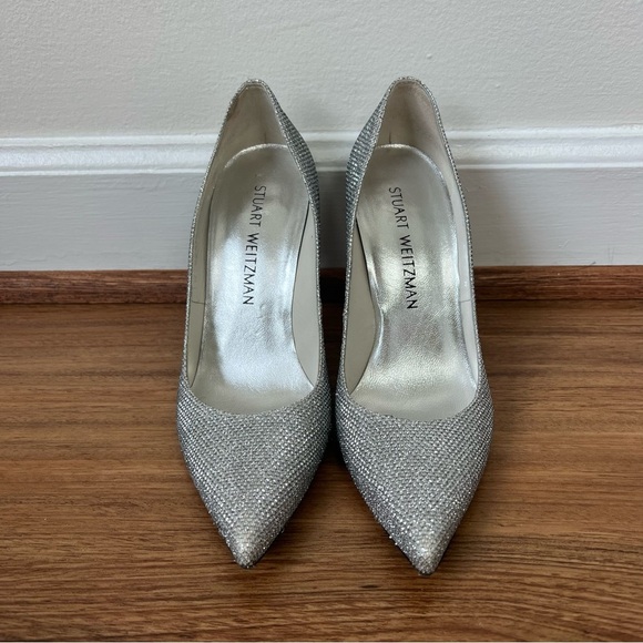 Stuart Weitzman Silver Sparkle Pointed High Heel Stilettos - Picture 8 of 13